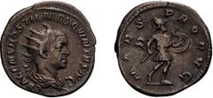 Hostilian as Caesar. 250-251 AD. Antoninianus, 3.45g (11h). Rome, . Obv: C VALENS HOSTIL MES QVINTVS N C Bust radiate, draped right. Rx: MARS - PROPVG Mars advancing right holding spear and shield. RI