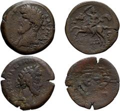Lot of four bronze coins of Lucius Verus and Commodus, three of them ex Dattari. (1) Lucius Verus, AE 32, Year 6 = 165/6 AD, 22.03g. Bust laureate left with fold of cloak on front shoulder / C[EM]ACIA