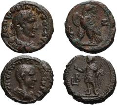 Lot of two billon tetradrachms of Philip I and Herennius Etruscus. (1) Philip I, Year 7 = 249 AD, 12.07g. Bust laureate, draped, cuirassed right / Eagle standing left, head right, with wreath in beak.