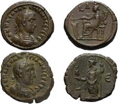 Lot of four billon tetradrachms of Valerian I. (1) Year 4 = 256/7 AD, 12.84g. Bust laureate, cuirassed right, fold of cloak on front shoulder, Medusa head on cuirass / Tyche seated left holding rudder