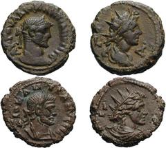 Lot of two billon tetradrachms of Diocletian, rev. Bust of Helios. (1) Year 4 = 287/8 AD, 7.45g. Bust of Diocletian laureate right / Radiate, draped bust of Helios right. Emmett 4054/4 (R5, citing ANS