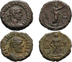 Lot of two billon tetradrachms of Diocletian with rare types. (1) Year 5 = 288/9 AD, 7.69g. Bust laureate, cuirassed right, seen from front, fold of cloak on front shoulder / Sarapis stepping right, r