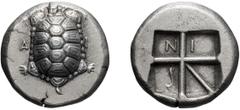 Greek Attica. Aegina. c. 404-340 BC. Stater, 12.21g Obv: Land turtle, A - I. Rx: Incuse square divided into five compartments, three of which contain the letter N, the letter I, and a dolphin. Milbank