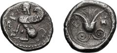 Greek Cyprus. Idalium, Attributed to the King Stasikypros. c. 460-450 BC. Tetrobol, 3.53g (1h). Obv: Sphinx seated left; monogram before breast. Rx: Lotus flower; to right, astragalos; to left, leaf. 