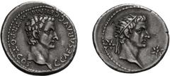Roman Empire Caligula and Divus Augustus. 37-41 AD. Denarius, 3.80g (10h). Lugdunum, 37 AD. Obv: C CAESAR AVG GERM P M TR POT COS Bare head of Caligula right. Rx: No legend, radiate head of Divus Augu