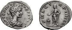 Roman Empire Caracalla. 198-217 AD. Denarius, 2.81g (1h). New-style Eastern Mint, 202 AD. Obv: ANTONINVS - AVGVSTVS Bust laureate, draped right. Rx: P MAX T - R P IIII COS Togate Caracalla standing le