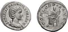 Roman Empire Tranquillina, Wife of Gordian III. Denarius, 3.30g (8h). Rome, after 241 AD. Obv: SABINA TRANQVILLINA AVG Draped bust right wearing stephane. Rx: CONCORDIA AVGG Concordia seated left hold