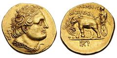 PTOLEMAIC KINGDOM. Ptolemy I. under Magas, ca. 300-298 BC. Gold stater (7.11 gm). Diademed head of Ptolemy I right, aegis tied around neck / [ΠΤ]ΟΛΕΜΑ ΒΑΣΙΛΕΩΕ, deified Alexander standing left in elep