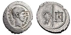 Octavian. Silver denarius (4.11 gm). , Rome, 41 BC, moneyer Marcus Arrius Secundus. Bare head of Octavian right, with slight beard; M. ARRIVS behind, SECVNDVS before / Vertical spear between wreath an