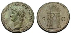 Nero. (54-68 AD). Orichalcum sestertius (27.56 gm). Rome, AD 64. NERO CLAVDIVS CAESAR AVG GERM P M TR P IMP P P, head laureate left / S C, triumphal arch showing front and left side, surmounted by sta