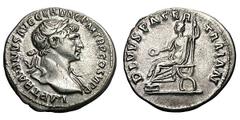 Trajan and Trajan Pater. Silver denarius (3.20 gm). Rome, 112-115 AD. IMP TRAIANVS AVG GER DAC P M TR P COS VI P P, bust laureate right, fold of cloak on front shoulder and behind neck, one wreath tie