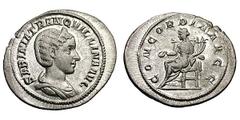 Tranquillina. (). Silver denarius (3.31 gm). Rome, 241 AD. SABINIA TRANQVILLINA AVG, bust diademed, draped, right / CONCORDIA AVGG, Concordia seated left on high-backed throne, holding patera and doub