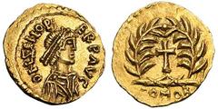 Zeno, struck by Julius Nepos. (474-475 AD). Gold tremissis (1.42 gm). Rome. D N ZENO PERP AVG, bust diademed, draped, cuirassed right, seen from front / Cross within wreath, COMOB in exergue. Lacam pl