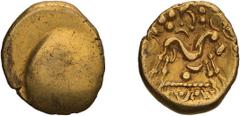 Ancient Greek Celtic, Gaul, Northeast. Ambiani. Gold Stater. Gallic War issue, 57-45 BC. Gold Stater, 6.11g Obv: Plain bulge. Rx: Large disjointed horse right; above, pellets and ornament; below cresc