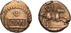 Ancient Greek Celtic, Britain, Atrebates. Verica. Gold Quarter Stater. c. 10-42 AD. Gold Quarter Stater, 1.19g (9h). , First coinage, c. 10-20 AD. Obv: COM F on inset tablet, pellet in circle above an