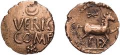 Ancient Greek Artebates, Verica. Quarter Stater, pink gold. c. 10-43 AD. Quarter Stater, pink gold, 1.27g (1h). Artebates, Second Coinage, 20-25 AD. Obv: VERIC COM F across field, crescent above, star