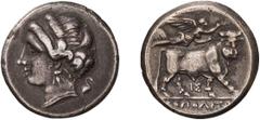 Ancient Greek Campania. Neapolis. Didrachm. c. 275-250 BC. Didrachm, 7.12g (2h). Obv: Head of nymph left, heron standing right behind. Rx: Man-headed bull walking right, crowned with wreath by Nike ab