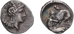 Ancient Greek Calabria. Tarentum. Diobol. c. 340 BC. Diobol, 1.30g (2h). Obv: Head of Athena right, wearing crested Attic helmet. Rx: Heracles kneeling right grappling with lion, on lion's back an owl