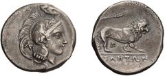 Ancient Greek Lucania. Velia. Didrachm. 305/4-293/90 BC. Didrachm, 7.17g (2h). Obv: Head of Athena right, wearing Attic helmet decorated with wing over wreath; A behind. Rx: Lion right; above, Φ-Ι and