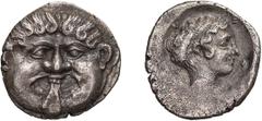 Ancient Greek Pangaean District. Neapolis. Hemidrachm. c. 410-380 BC. Hemidrachm, 1.77g (4h). Obv: Gorgoneion facing, tongue protruding. Rx: Ν - Ε - Ο - Π Head of a young girl right, wearing necklace.