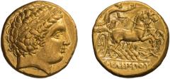 Ancient Greek Macedonian Kingdom. Philip II. Stater. 359-336 BC. Stater, 8.56g (10h). Pella II, c. 340-328 BC. Obv: Laureate head of Apollo right. Rx: ΦΙΛΙΠΠΟΥ Galloping biga driven right by chariotee