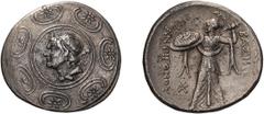 Ancient Greek Macedonian Kingdom. Antigonus Gonatas. Tetradrachm. 277-239 BC. Tetradrachm, 17.06g (12h). , Chalcis in Euboea, after 263 BC. Obv: Macedonian shield with head of Pan and club in center. 