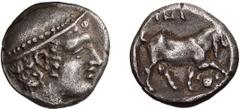 Ancient Greek Thrace, Ainos. Diobol. c. 408/7-407/6 BC. Diobol, 1.45g (7h). Obv: Head of Hermes right wearing petasos. Rx: [A]INI Goat walking right, crab below. May Group XXXIV. Ex Philip T. Ashton C