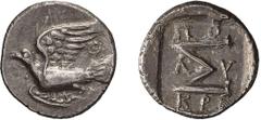 Ancient Greek Sicyonia, Sicyon. Hemidrachm. 1st cent. BC. Hemidrachm, 2.30g (10h). Obv: Dove flying left, Θ above tail. Rx: Large Σ, ΠO / Λ - V / KPA above, across field, and below. BCD 340.2. BM 199.