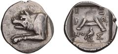 Ancient Greek Argolis, Argos. Triobol. c. 90-50 BC. Triobol, 2.44g (9h). Obv: Forepart of wolf at bay to left. Rx: A in incuse square, eagle standing right below, I - E / P - Ω / ΝΟ - Σ in three lines