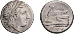 Ancient Greek Bithynia, Cius. Hemidrachm. c. 350-300 BC. Hemidrachm, 2.50g (3h). Obv: Laureate head of Apollo right, KI[A] below. Rx: Prow left, ornamented with star; BAK above, XEYΣ below. RG 3, pl. 
