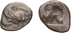 Ancient Greek Ionia, Clazomenae. Diobol. c. 5th cent. BC. Diobol, 1.28g (0h). Obv: Forepart of winged boar flying right. Rx: Quadripartite incuse square. Traité I, 489, pl. XII,16. BM 11. Ex Philip T.