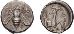 Ancient Greek Ionia, Ephesus. Thrasymedes, magistrate. Tetradrachm. c. 370-360 BC. Tetradrachm, 15.31g (11h). Obv: Ε-Φ Bee with straight wings. Rx: Forepart of stag right, head turned back; palm tree 