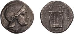 Ancient Greek Caria, Calymna. Didrachm. c. 300-200 BC. Didrachm, 5.96g (6h). Obv: Young male head right, wearing crested Attic helmet. Rx: [ΚΑ]ΛΥΜΝΙΟΝ Cithara within square dotted border. SNG Aulock 2