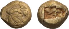 Ancient Greek Kingdom of Lydia. Alyattes. EL Trite. 605-561 BC (traditional). EL Trite, 4.69g Head of lion right, with mouth open, mane bristling, and a protuberance above the eye with six rays. Rx: T