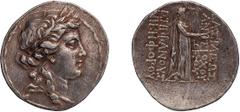 Ancient Greek Seleucid Kingdom. Antiochus IV. Tetradrachm. c. 166-165 BC. Tetradrachm, 16.79g (12h). Obv: Laureate head of Apollo right. Rx: Sculpture of Apollo Citharoedus created by the artist Bryax