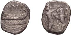 Ancient Jewish Judaea, Samaria. Obol. c. 380-332 BC. Obol, 0.63g (11h). Obv: Galley left, at stern standard topped by crescent and globe, Samarian inscription above, double line of waves below. Rx: Pe
