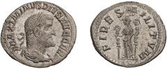 Roman Empire Maximinus I Thrax. Denarius. 235-238 AD. Denarius, 2.37g (6h). Rome, 236-8 AD. Obv: MAXIMINVS PIVS AVG GERM Bust laureate, draped, cuirassed right, third portrait. Rx: FIDES MILITVM Fides