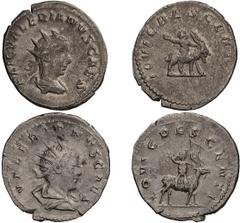 Roman Empire Lot of four antoniniani of Valerian II and Saloninus. . g (0h). . (1) Valerian II as Caesar. 2.70g. Bust radiate right / IOVI CRESCENTI Jupiter as child seated on goat. Göbl 860b (Viminac