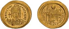 Byzantine Justinian I. Solidus. 527-565 AD. Solidus, 4.48g (6h). Constantinople, c. 542-565 AD. Obv: D N IVSTINI - ANVS PP AVG Helmeted and cuirassed bust facing, holding globus cruciger and shield. R