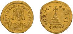 Byzantine Tiberius II. Solidus. 578-582 AD. Solidus, 4.38g (5h). Constantinople, c. 579 AD. Obv: δm Tib CONS - TANT PP AVI Facing bust wearing crown with cross atop, cuirass and holding cross on globe