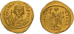 Byzantine Focas. Solidus. 602-610 AD. Solidus, 4.50g (7h). Constantinople, c. 603-607 AD. Obv: ON FOCAS - PERP AVG Draped, cuirassed, frontal bust of Focas wearing crown with cross atop and holding gl