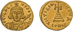 Byzantine Tiberius III. Solidus. 698-705 AD. Solidus, 4.48g (5h). Constantinople. Obv: D TibERI - uS PE - AV Facing bust of Tiberius III wearing cuirass and crown with cross atop and holding a spear a