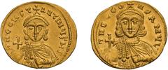 Byzantine Leo III and Constantine V. Solidus. 717-741 AD. Solidus, 4.46g (6h). Constantinople, c. 720 AD. Obv: DNO LEO - N P A MUL Facing bust of Leo III, with short beard, wearing crown and chlamys, 