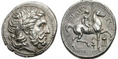 MACEDONIAN KINGDOM. Philip II. (359-336 BC). Silver tetradrachm (14.12 gm). Amphipolis, ca. 316/5-295/4 BC. Laureate head of Zeus right / ΦIΛIΠ—ΠOΥ, nude jockey on horseback right, holding palm, tripo