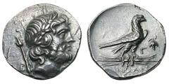 LYCIA. Oenoanda. Ca. 200 BC. Silver stater (8.53 gm). Laureate head of Zeus right, lotus scepter and B behind neck / OINOAN/ΔEω[N], eagle standing three-quarters right on thunderbolt, Γ and grape clus