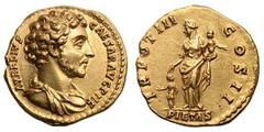 Marcus Aurelius as Caesar. (138-161 AD). Gold aureus (7.25 gm). Rome, 149-150 AD. AVRELIVS - CAESAR AVG PII F, bare-headed, draped bust right, seen from front / PIETAS TR POT III COS II, Pietas standi