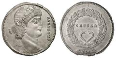 Constantine I. (307-337 AD). Silver medallion of four siliquae, 39 mm (12.87 gm). Thessalonica, c. 336 AD. AVGVSTVS, head of Constantine I right, wearing rosette and laurel-leaf diadem with four wreat