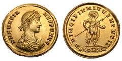 Gratian. (367-383 AD). Gold solidus (4.47 gm). Constantinople. D N GRATIANVS P F AVG, diademed, draped and cuirassed bust right, seen from front / PRINCIPIVM IVVENTVTIS, Gratian, diademed and nimbate,