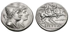 BRUTTIUM. Brettii. 215-213 BC. Silver reduced didrachm (5.62 gm). Silver reduced didrachm (5.62 gm). Jugate busts right of the Dioscuri, draped and wearing laureate piloi, two stars above heads, cornu
