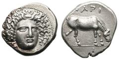 THESSALY. Larissa. Ca. 400-370 BC. Silver drachm (5.97 gm). Head of nymph Larissa three-quarters right, wearing ampyx / ΛΑΡΙ, horse grazing right. Lorber, Florilegium Westermark, 52.1a (this coin). He